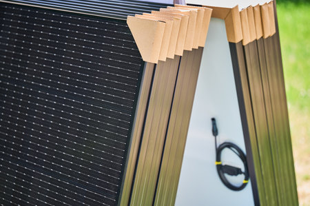 Close-up new solar panels with protective cardboard corners, ready for installation. Renewable energy technology, green living, and the implementation of solar power in residential areas.の写真素材