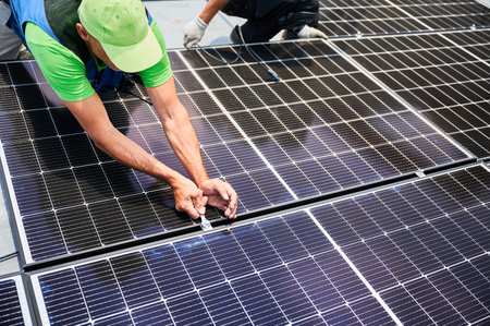 Worker building photovoltaic solar panel system on rooftop of house. Close up of man engineer installing solar module with help of wrench outdoors. Alternative and renewable energy generation concept.の写真素材