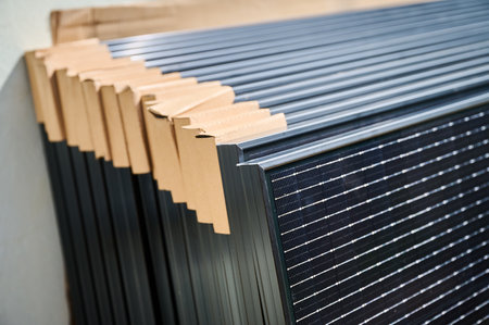 Close-up new solar panels with protective cardboard corners, ready for installation. Renewable energy technology, green living, and the implementation of solar power in residential areas.の写真素材