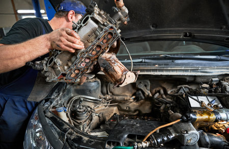 Repairman, mechanic worker making diagnostics of car, examining engine. Man wearing cap and uniform working in auto servicing center. Concept of manual labor.の写真素材