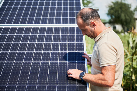 Adult man controling operation of solar cells. Male looking at his new solar panel. Man checking serviceability of electrodes.の写真素材