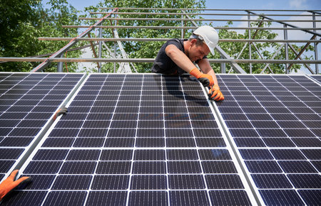 Workers installing solar panel on metal beams at sunny daytime. Renewable and ecological energy. Idea of environment safe. Modern technology and innovation. European man wearing workwear and helmetsの写真素材