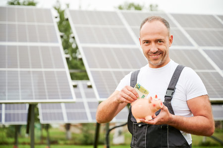 Knowledgeable man investing in green energy for future profit. Male adult happy about investment he did. Man in overalls putting euros to piggy bank on background of solar battery.の写真素材