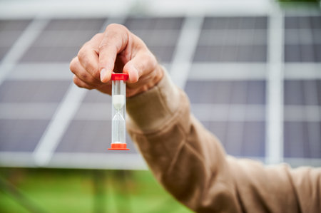 Time working for green energy investments. Solar batteries generating energy that generating profit. Sand clock in man hand on background of solar PV battery. Close upの写真素材