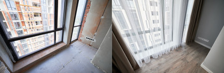 Comparison of apartment flat before and after restoration or refurbishment. Photo collage of old room with large windows and new renovated room with parquet floor and white walls.の写真素材
