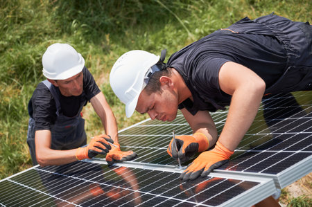 Workers building photovoltaic solar panel system outdoors. Men engineers placing solar module on metal rails, wearing construction helmets and work gloves. Renewable and ecological energy.の写真素材