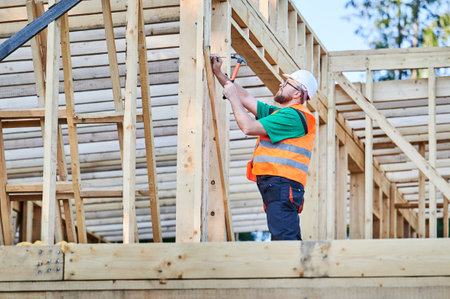 Carpenter constructing two-story wooden frame house near the forest. Bearded man in glasses hammering nails into structure while wearing protective helmet and construction vest.の写真素材