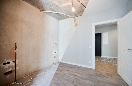 Photo collage of apartment room before and after restoration or refurbishment. Old room with doorway and new renovated living room with parquet floor and elegant interior design.の写真素材