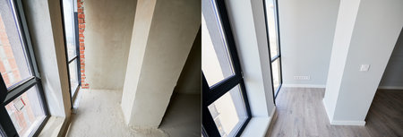 Empty apartment room with plastic windows before and after restoration. Comparison of old apartment...