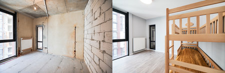 Comparison of children room with wooden bunk bed before and after restoration. Old apartment room with brick wall and new renovated flat with parquet floor and kid house bed.の写真素材