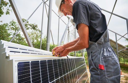 Worker measuring metal beams with measuring tape for installing solar panels. Cropped image of man...