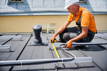 Worker building solar panel system on rooftop of house for generating electricity through photovoltaic effect. Man using ruler to measure mounting equipment for precise installation.の写真素材