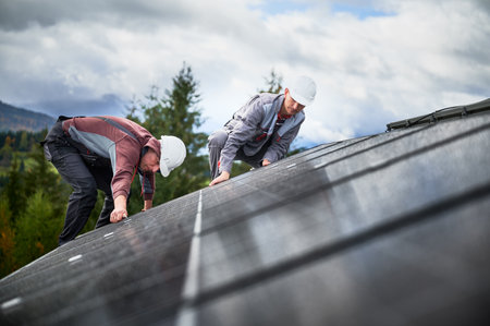 Mounters installing photovoltaic solar panels on roof of house. Men engineers in helmets building solar module system with help of hex key. Concept of alternative, renewable energy.の写真素材