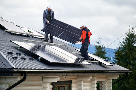 Technicians installing solar panel system on roof of house. Men Installers in helmets carrying photovoltaic solar module outdoors. Concept of alternative and renewable energy.の写真素材