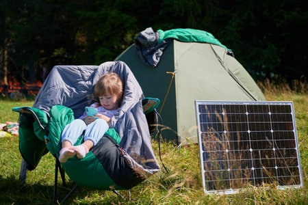 Young child plays with smartphone while charging with photovoltaic solar panel near tourist tent in summer. Integration of renewable energy in outdoor camping activities.の写真素材