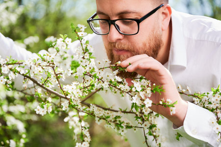 Man allergic enjoying after treatment from seasonal allergy at spring. Portrait of happy bearded man sniffing the flowers in front of blossom tree at springtime. Spring allergy concept.の写真素材