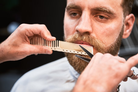 Close-up photo of professional hairdresser using comb and scissors to shape beard. Handsome customer getting his beard done.の写真素材