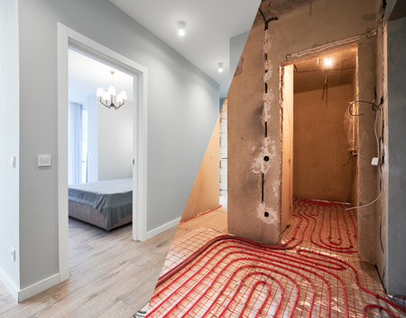 Comparison of old flat with underfloor heating pipes and new renovated apartment with gray walls. Photo collage of apartment hallway and bedroom before and after restoration.の写真素材