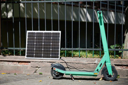 Mint-green electric scooter parked on stone pavement next to solar panel leaning against iron fence. Solar panel connected to scooter, emphasizing sustainable method of charging in urban setting.の写真素材