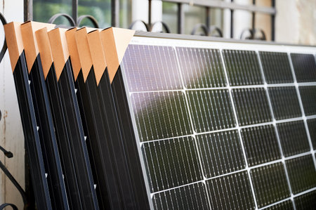Close-up new solar panels with protective cardboard corners, ready for installation. Renewable energy technology, green living, and the implementation of solar power in residential areas.の写真素材
