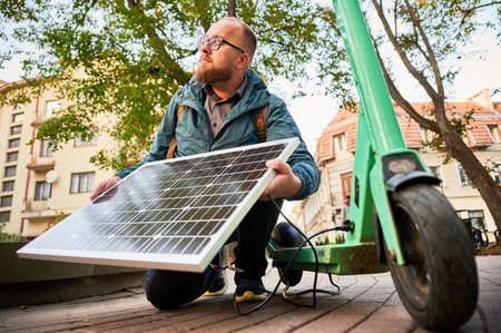 Man holds photovoltaic solar panel, for charging electric scooter in urban settings. Integration of solar power as sustainable energy source, promoting eco-friendly urban transportation.の写真素材