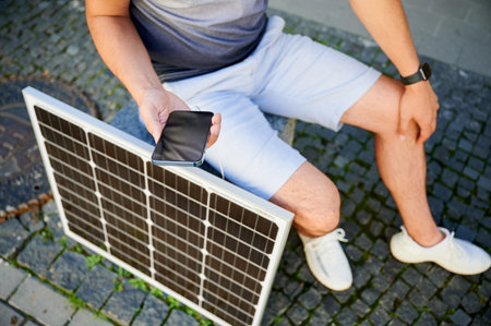 Cropped photo of man charging his smartphone from solar panel. Young man using portable solar battery to charge his device. Concept of alternative energy sources and sustainable lifestyle.の写真素材