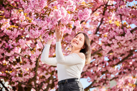 Woman allergic enjoying after treatment from seasonal allergy at spring. Portrait of happy beautiful...