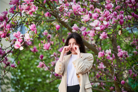 Woman allergic suffering from seasonal allergy at spring in blossoming garden at springtime. Young woman sneezing and feeling itchy eyes in front of blooming tree. Spring allergy concept.の写真素材