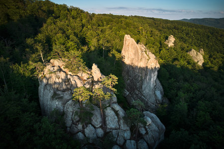 Aerial view of rock formation bathed in warm sunlight among lush green forest and rolling hills. Dovbush Rocks, Carpathian mountains, Ukraine.の写真素材