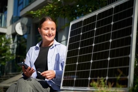 Happy woman connecting smartphone to photovoltaic solar panel. Integration of sustainable renewable energy into everyday life, demonstrating practical use of solar power for charging devices.の写真素材