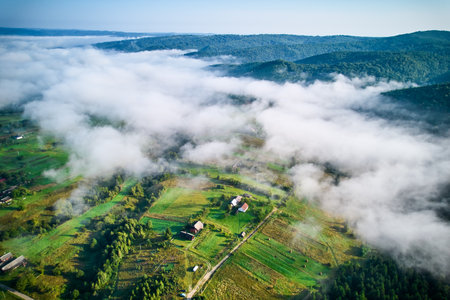 Aerial view of dense forest partially shrouded in mist, revealing patches of vibrant green trees. Fog gradually unveils quaint village nestled among trees, creating serene and enchanting landscape.の写真素材