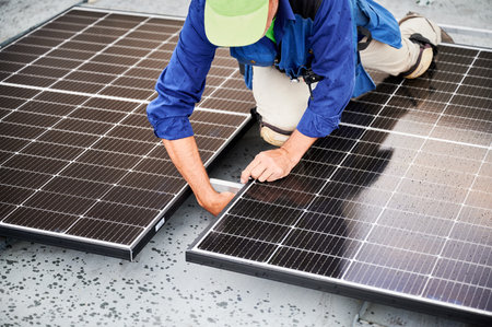 Worker building solar panel system on metal rooftop of house. Man engineer installing photovoltaic solar module outdoors. Alternative, green and renewable energy generation concept.の写真素材