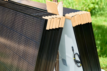 Close-up new solar panels with protective cardboard corners, ready for installation. Renewable energy technology, green living, and the implementation of solar power in residential areas.の写真素材