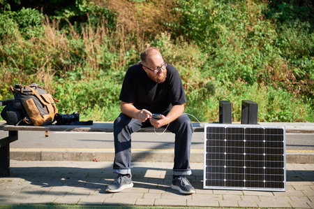 Bearded man using smartphone connected to photovoltaic solar panel. Integration of sustainable renewable energy into everyday life, demonstrating practical use of solar power for charging devices.の写真素材