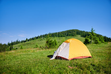 Bright yellow tent on grassy hillside, overlooking breathtaking panorama of blue-tinged mountains. Young pine trees under clear blue sky, creating serene and picturesque camping spot.の写真素材