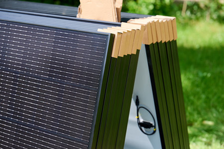 Close-up new solar panels with protective cardboard corners, ready for installation. Renewable energy technology, green living, and the implementation of solar power in residential areas.の写真素材