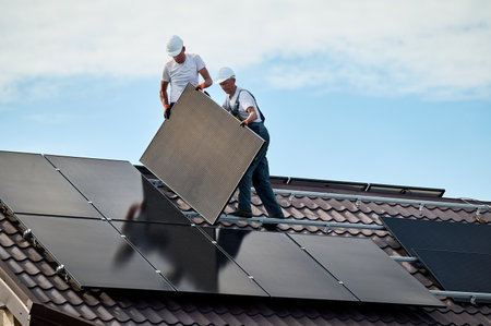Workers building solar panel system on rooftop of house. Two men installers in helmets installing photovoltaic solar module outdoors. Alternative, green and renewable energy generation concept.の写真素材