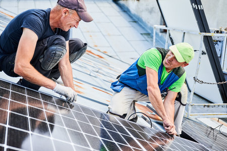 Workers building solar panel system on metal rooftop of house. Two men installers installing photovoltaic solar module outdoors. Alternative, green and renewable energy generation concept.の写真素材
