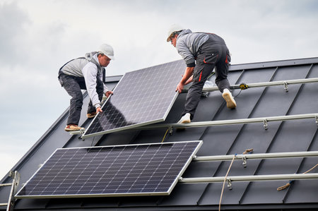 Installers installing solar panel system on roof of house. Men workers in helmets carrying photovoltaic solar module outdoors. Concept of alternative and renewable energy.の写真素材