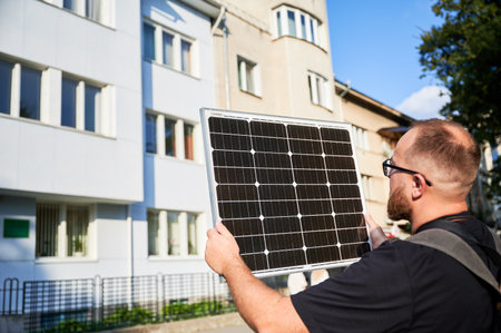 Man holding photovoltaic solar panel in front of historical building. Concept of integration of sustainable renewable energy sources into architecture.の写真素材
