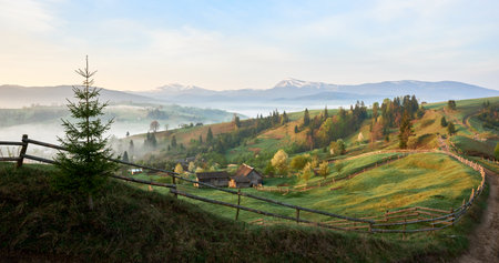 Peaceful rural landscape at dawn, with small evergreen tree in foreground, wooden fences, rolling green hills. Mist blankets valley, while snow-capped mountains loom in distance under pastel sky.の写真素材