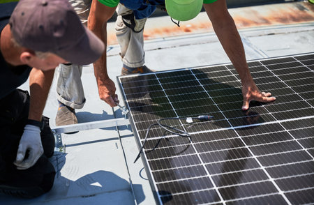 Workers building photovoltaic solar panel system on rooftop of house. Close up of men engineers installing solar module with help of wrench outdoors. Alternative, renewable energy generation concept.の写真素材