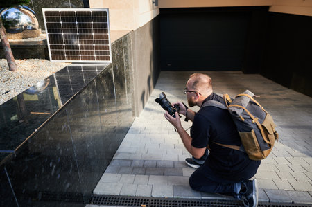 Bearded male photographer capture shot, with solar panel charging nearby. Concept of use of...