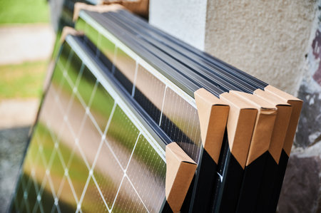 Close-up new solar panels with protective cardboard corners, ready for installation. Renewable energy technology, green living, and the implementation of solar power in residential areas.の写真素材