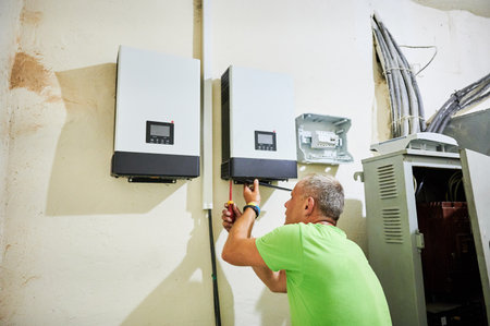 Man electrician installing solar panel system. Inspector making electrical wiring inverter and electric box indoors. Concept of alternative and renewable energy.の写真素材