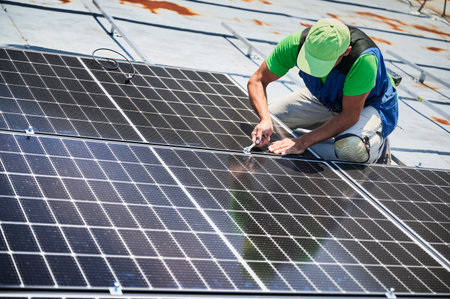 Worker building photovoltaic solar panel system on rooftop of house. Man engineer installing solar...