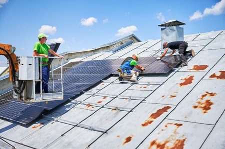 Workers building solar panel system on metal rooftop of house with assistance of crane lift. Three...
