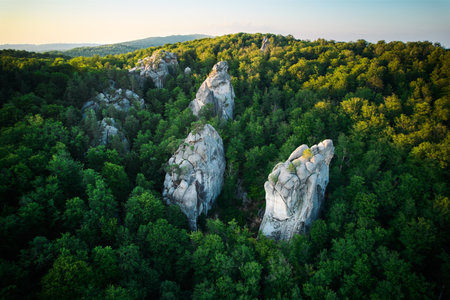 Aerial view of rock formation bathed in warm sunlight among lush green forest and rolling hills....