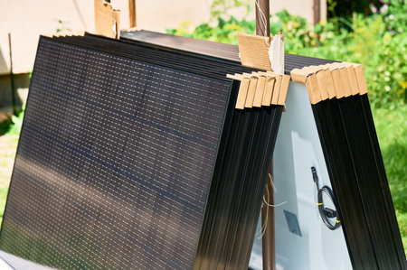 Stack of new solar panels with protective cardboard, ready for installation. Renewable energy, sustainable home improvements, and eco-friendly investments in residential property infrastructure.の写真素材