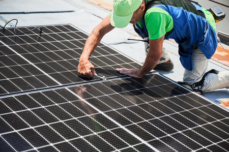 Worker building photovoltaic solar panel system on rooftop of house. Man engineer installing solar module with help of wrench outdoors. Alternative and renewable energy generation concept.の写真素材